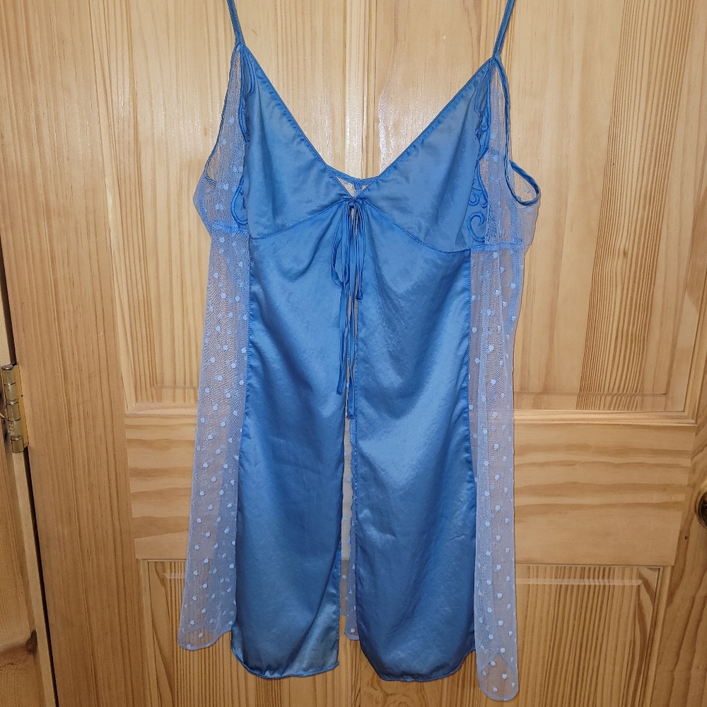 Vintage Victoria's Secret Blue Satin & Tulle Sexy Baby Doll Lingerie Pajama Sz L